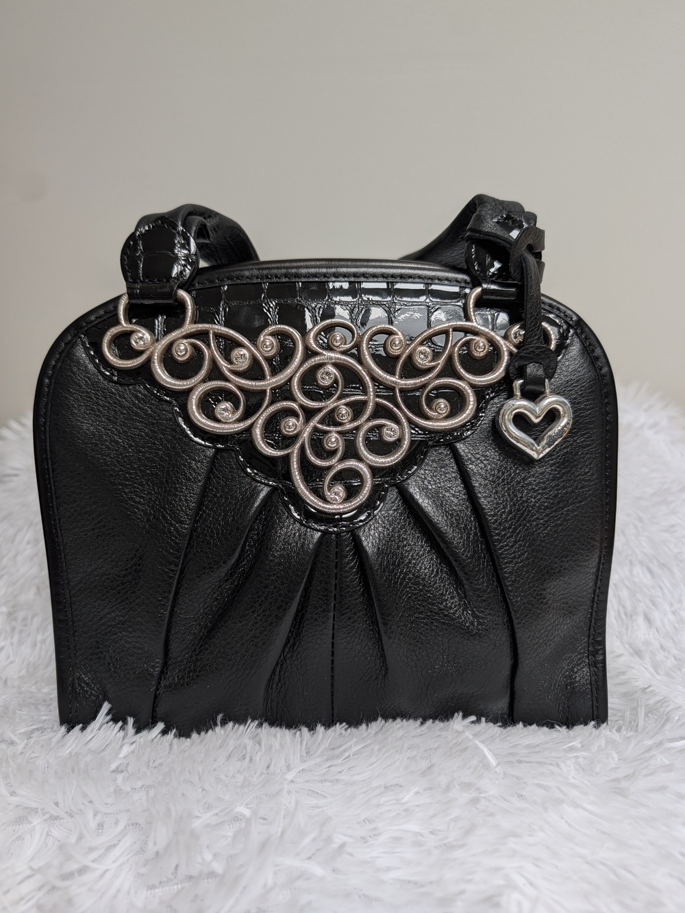Brighton Black Leather Satchel Silver Scroll Heart Charm